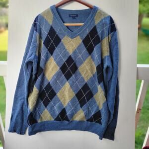 Club Room Sweater Lambswool Size L Argyle Pullover Mens V-Neck Blue Y2k Grandpa.